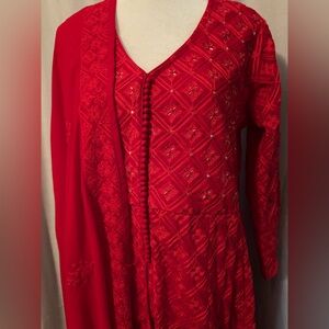 Red Embroidered Long Sleeve Dress